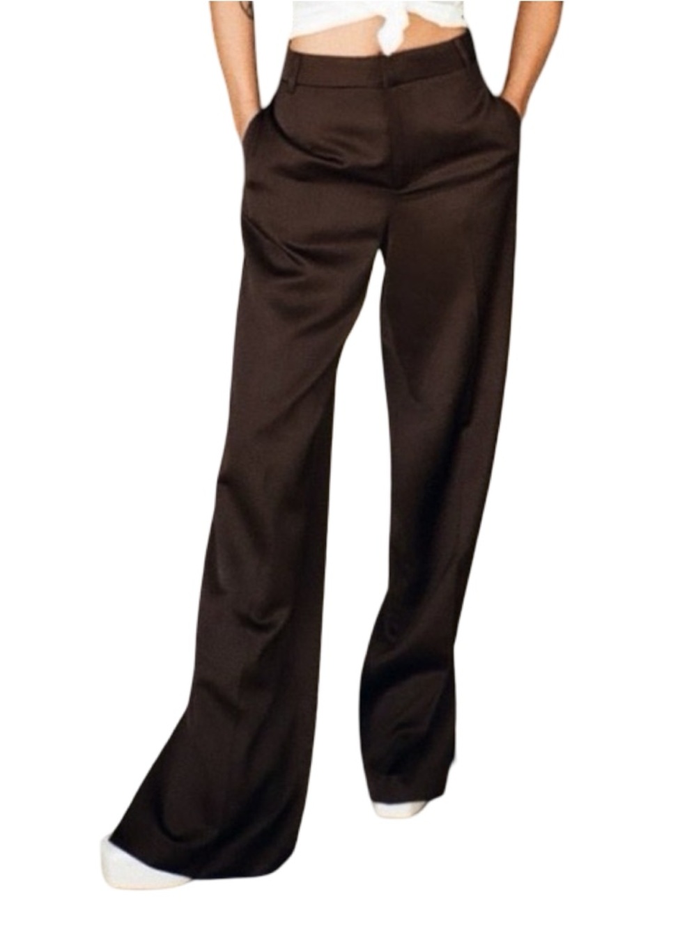 NWT Zara Satin High Waisted Wide Leg Dark Brown Dress Pants with Slits